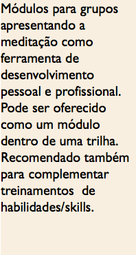 Módulos para grupos apresentando a meditação como ferramenta de desenvolvimento pessoal e profissional. Pode ser oferecido como um módulo dentro de uma trilha. Recomendado também para complementar treinamentos de habilidades/skills.